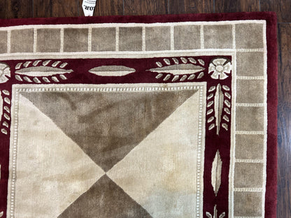 Indo Tibetan Rug 10x14, Nepali Carpet, Large Soft Wool Area Rug, Olive Tan Maroon, Contemporary Rug 10 x 14 ft Living Room Rug, Handmade Rug