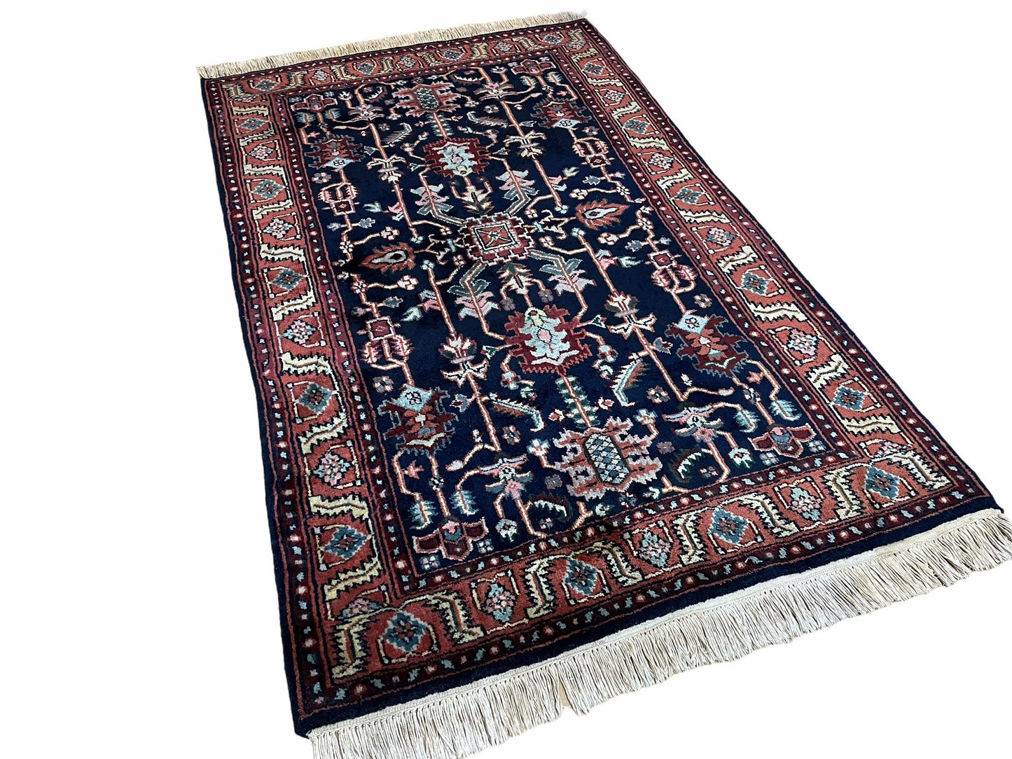 Handmade Wool Geometric Rug 4x6 Vintage Hand Knotted Organic Dyes Blue Red Area Rug