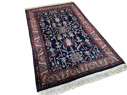 Handmade Wool Geometric Rug 4x6 Vintage Hand Knotted Organic Dyes Blue Red Area Rug