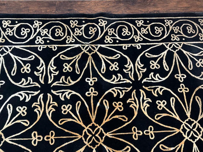 Tibetan Rug 8x10 Wool Silk Handmade With Raised Pattern Black And Gold Floral