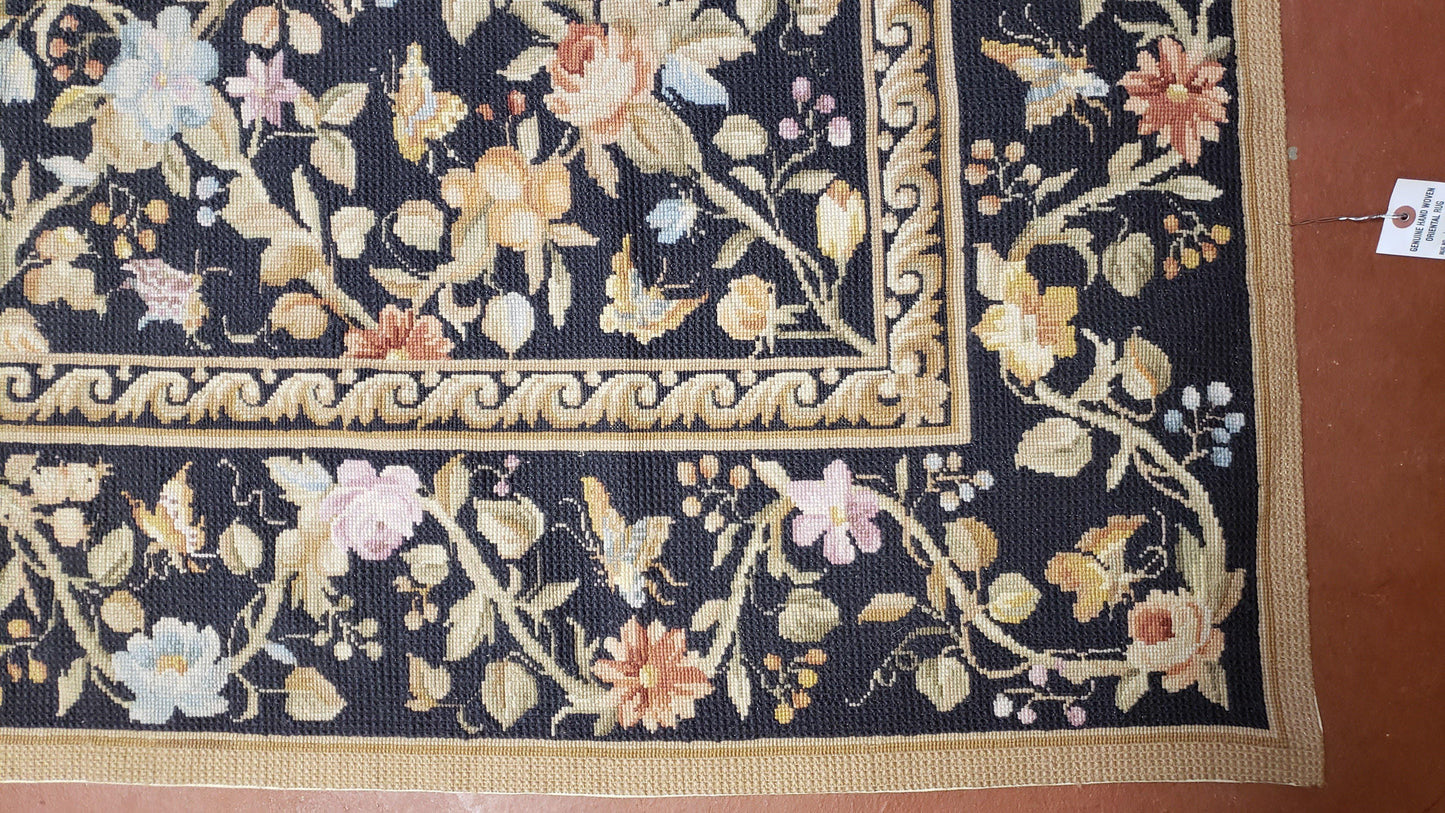 Vintage Needlepoint Rug 6x9 Butterflies Floral Design Wool Handcrafted