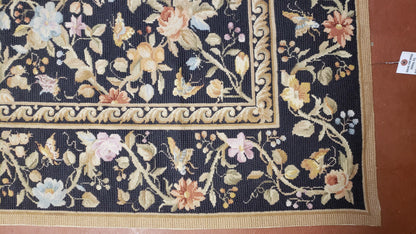 Vintage Needlepoint Rug 6x9 Butterflies Floral Design Wool Handcrafted