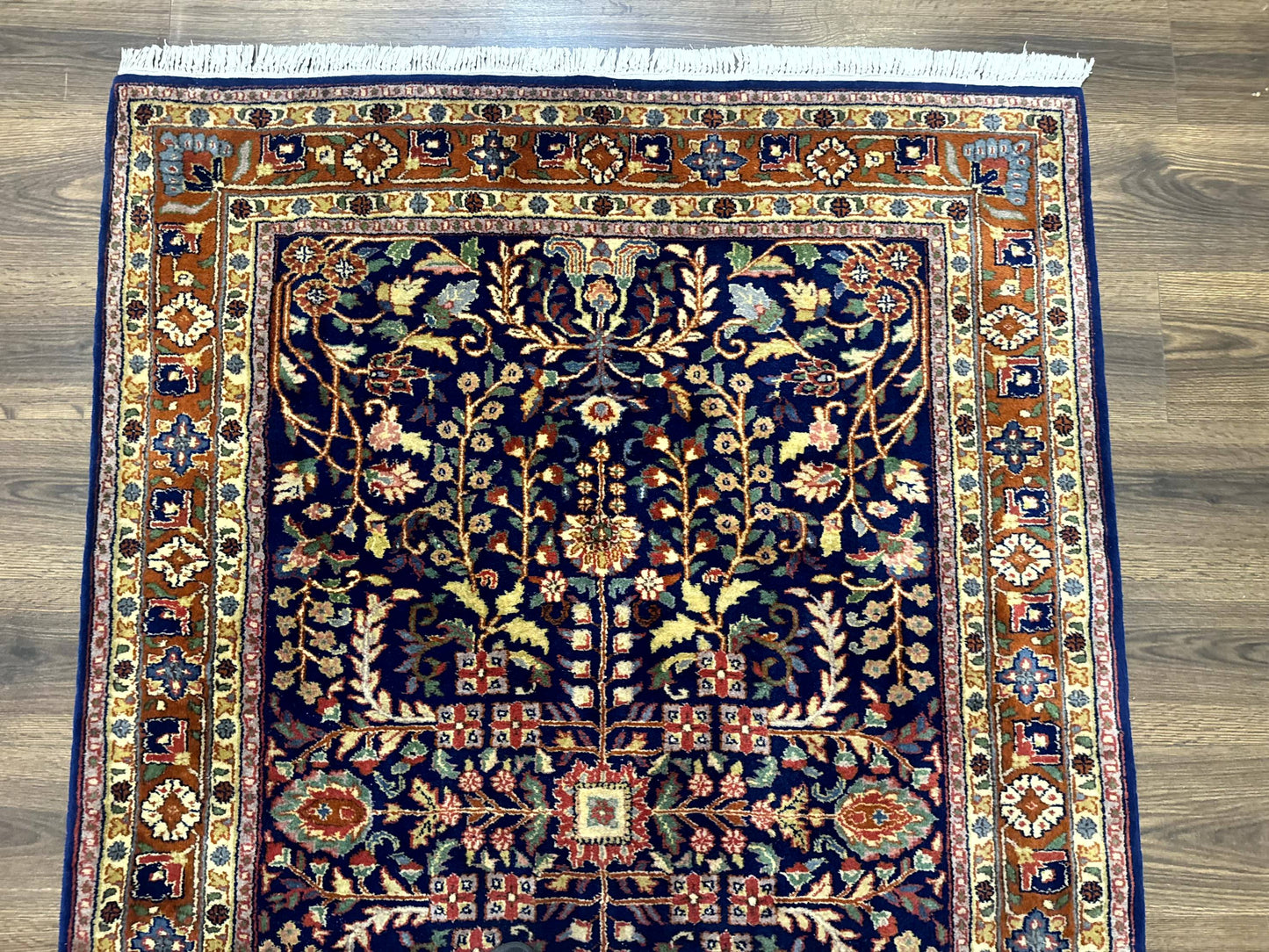 Indo Persian Sarouk Rug 4x6, Blue and Rust Red