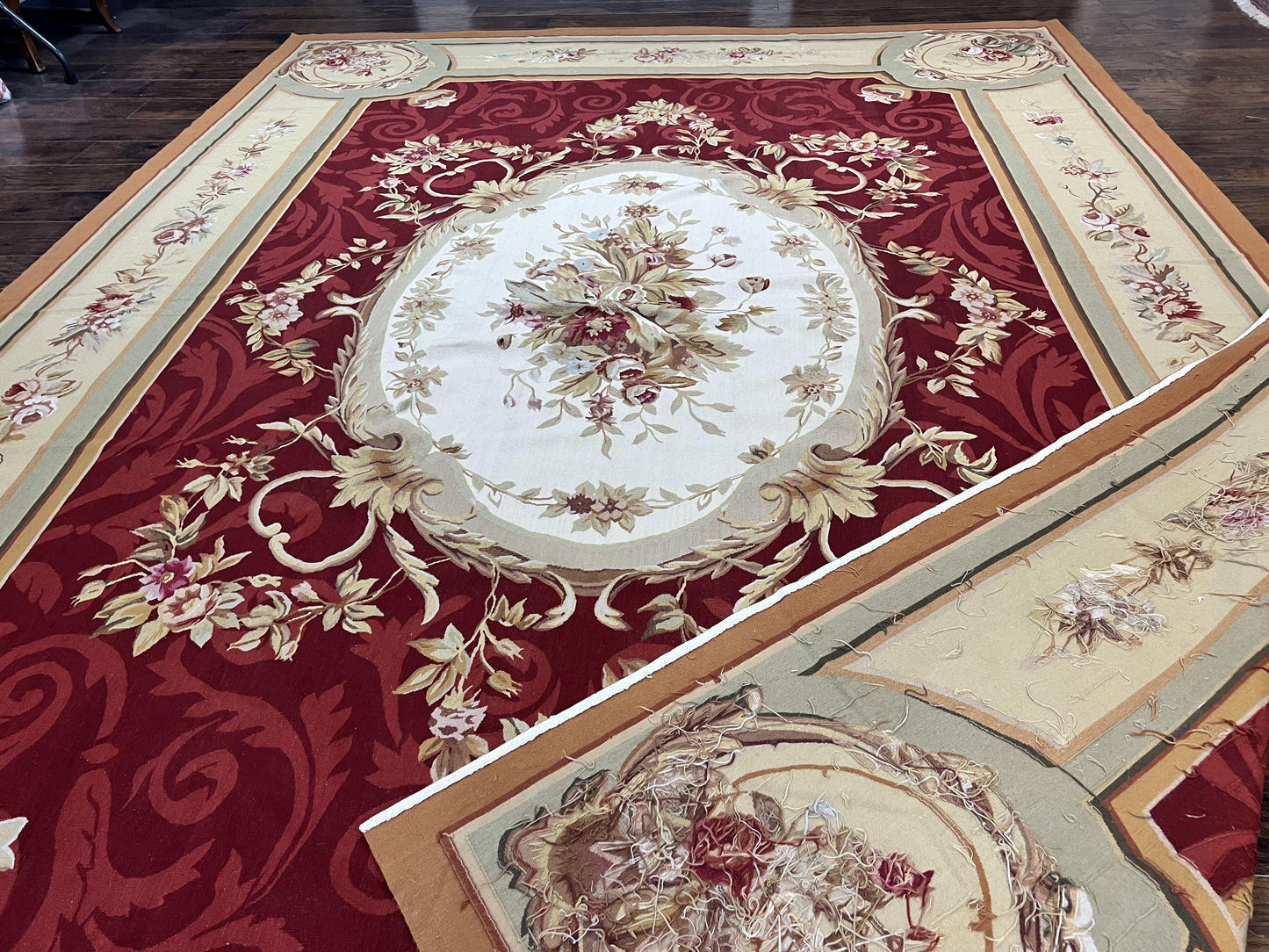 Large Aubusson Rug 10x14, Wool Handmade Vintage Carpet, Dark Red Ivory Tan, French European Elegant Aubusson Weave Rug
