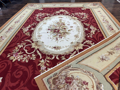 Large Aubusson Rug 10x14, Wool Handmade Vintage Carpet, Dark Red Ivory Tan, French European Elegant Aubusson Weave Rug