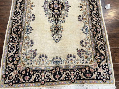 Persian Kirman Rug 4x7, Wool Hand Knotted Antique Carpet, Beige, Semi Open Field Medallion Rug, Traditional Handmade Oriental Rug