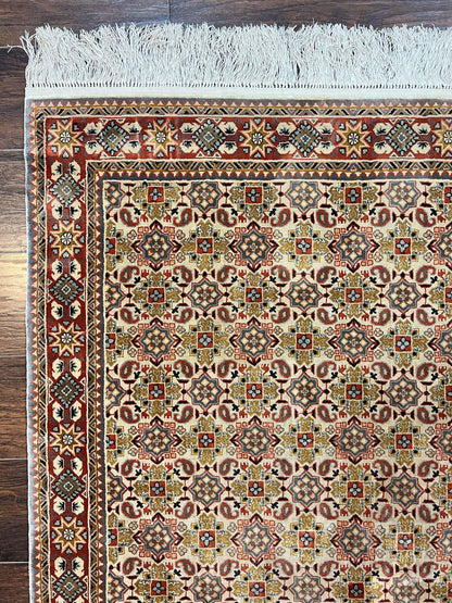 Turkish Kayseri Silk Rug 4x6 Hand Knotted Handmade Vintage Allover Pattern Cream