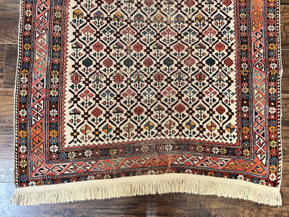 Antique Caucasian Shirvan Rug 4x5 Hand Knotted Wool Oriental Carpet Ivory Red Allover Pattern