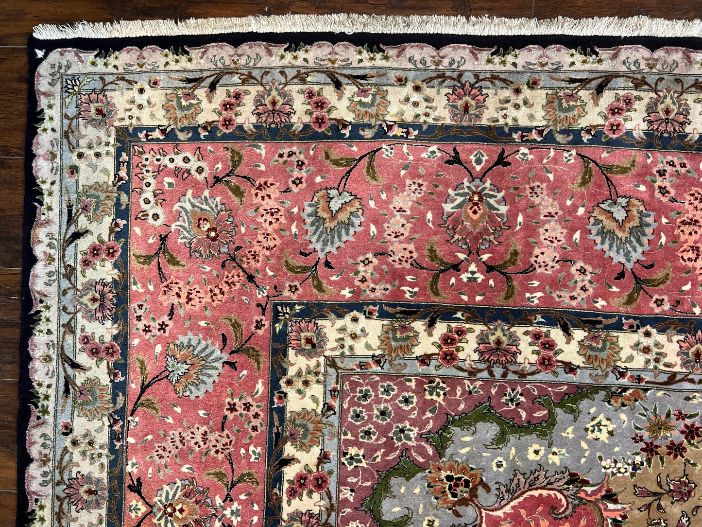 Persian Tabriz Rug 11x16 Hand Knotted Wool On Silk Floral Medallion Black Pink