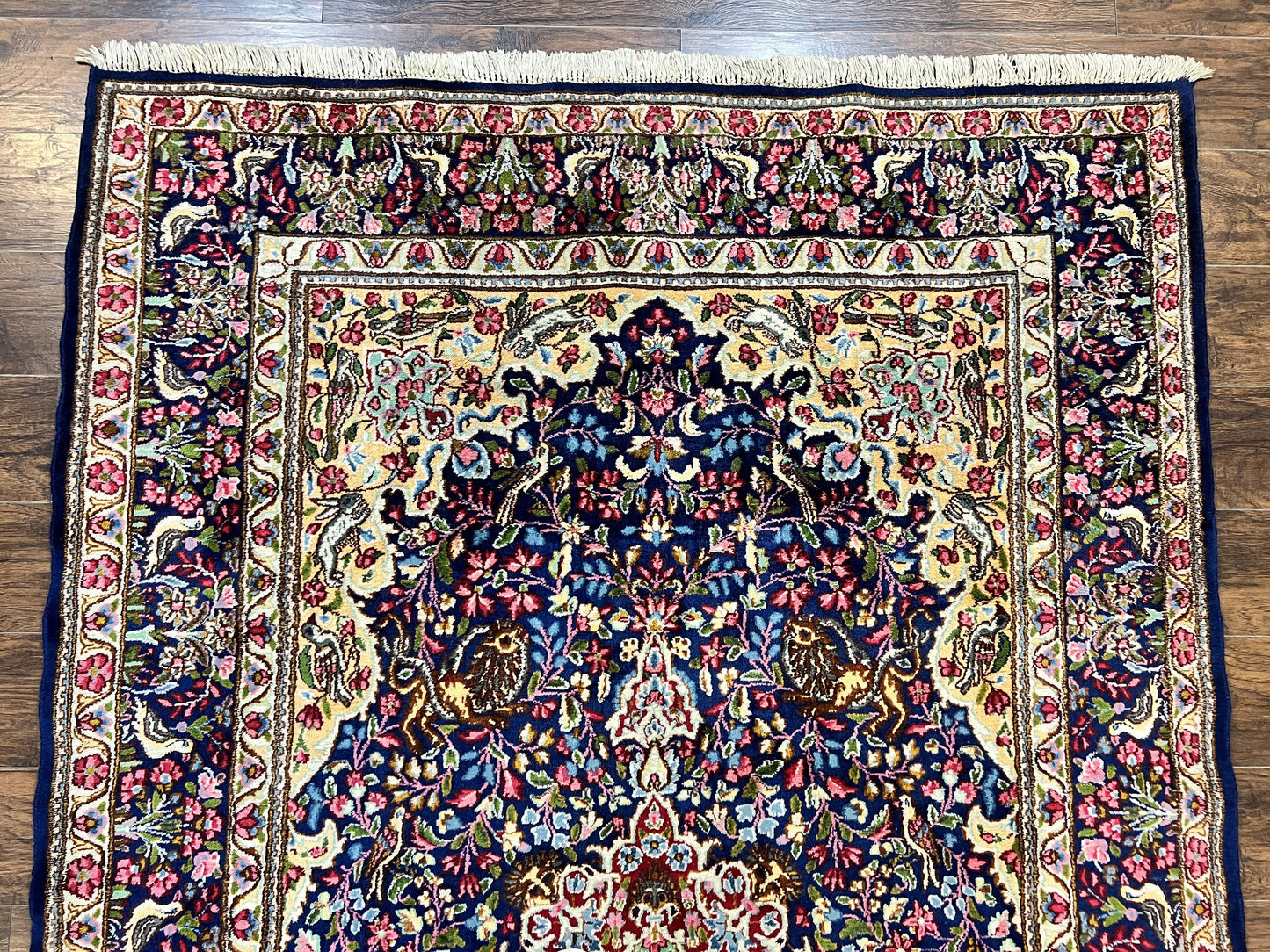 Persian Kirman Rug 6x9, Floral Medallion Vintage Wool Handmade Carpet 6 x 9, Animal Pictorials Birds, Semi Antique, Navy Blue, Millefleur