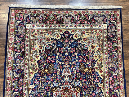 Persian Kirman Rug 6x9, Floral Medallion Vintage Wool Handmade Carpet 6 x 9, Animal Pictorials Birds, Semi Antique, Navy Blue, Millefleur