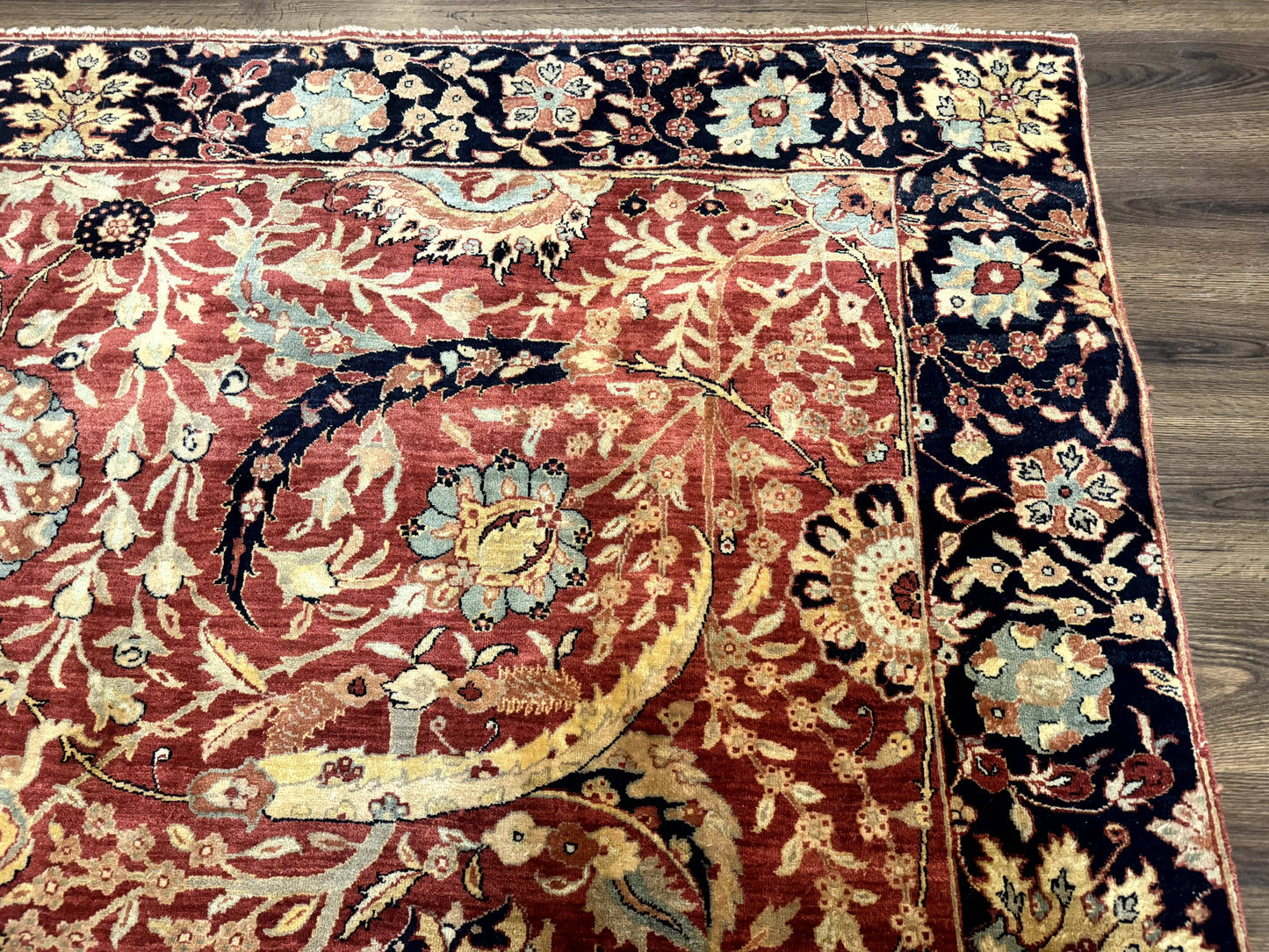 Indian Agra Rug 9x11, Terracotta and Navy Blue, Sickle Leaf Rug