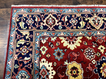 Indo Heriz Rug 8x10, Red and Navy Blue, Allover Pattern, Wool Handmade Carpet