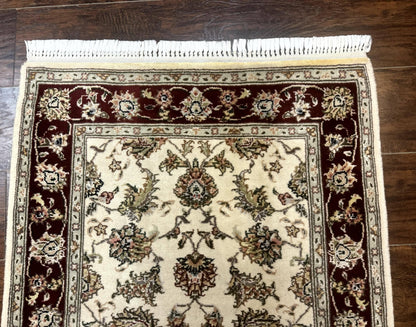 Persian Runner Rug 2.8 x 8 Handmade Vintage Wool and Silk Highlights Beige Maroon