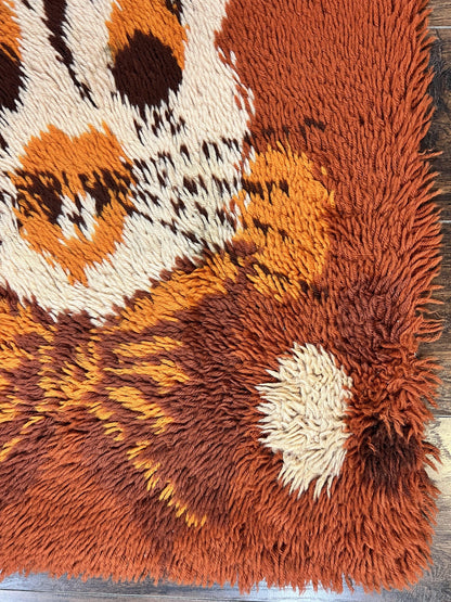 Rya Shag Rug 2x4, Rabbit in Top Hat, Wool, Orange, Vintage 1960s Danish Shag Rug