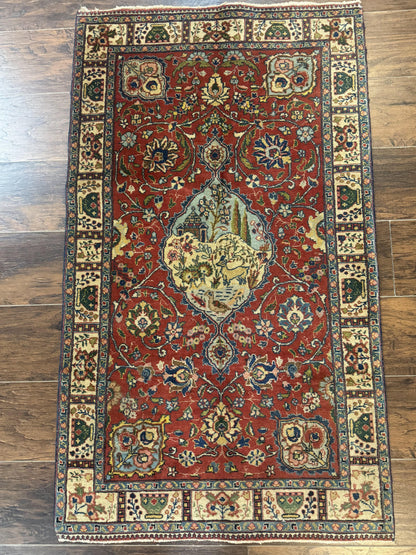 Small Persian Tabriz Rug 2.8 x 4.7, Red, Animal Pictorials, Semi Antique Vintage