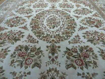 Handmade Chinese Floral Wool Silk Oriental Rug 8 By 10 Ivory Accent