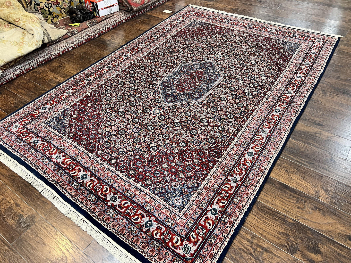 Indo Persian Rug 7x10, Dark Blue and Red Hand Knotted Wool Vintage Oriental Carpet 7 x 10 ft, Handmade Bidjar Rug, Herati Pattern Indian Rug