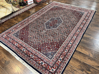 Indo Persian Rug 7x10, Dark Blue and Red Hand Knotted Wool Vintage Oriental Carpet 7 x 10 ft, Handmade Bidjar Rug, Herati Pattern Indian Rug