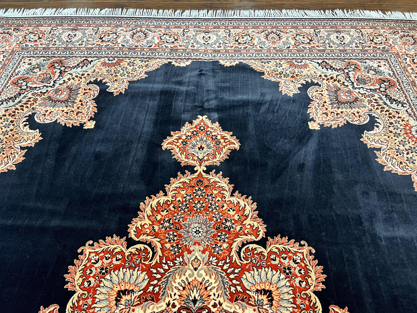 Karastan Rug 10x13, Karastan Ebony Kirman Rug, Room SIzed Wool Pile Vintage Karastan Carpet, Belgium Power Loomed Rug, Black Semi Open Field