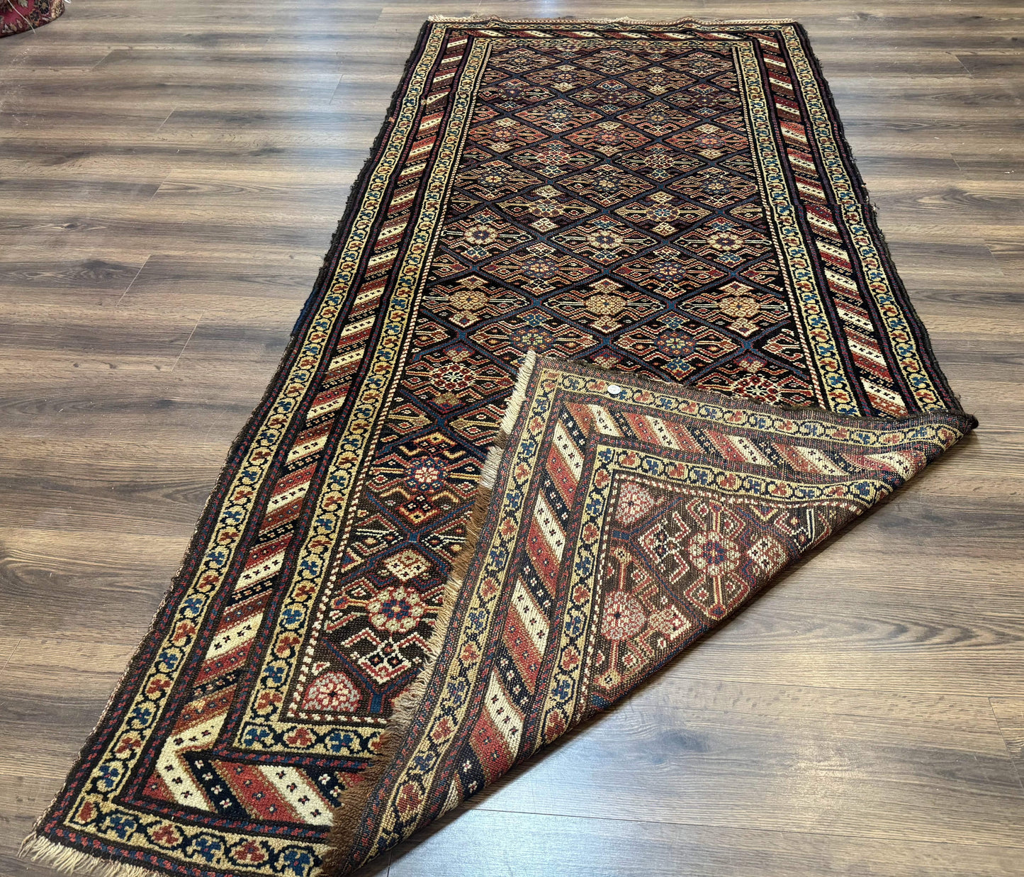 Antique Persian Wide Runner Rug 4x9, Kurdish Rug, Panel Design, Rainbow Border, Rare Tribal Rug