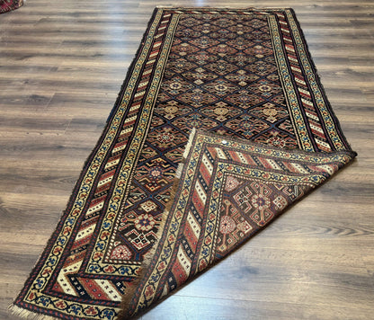 Antique Persian Wide Runner Rug 4x9, Kurdish Rug, Panel Design, Rainbow Border, Rare Tribal Rug