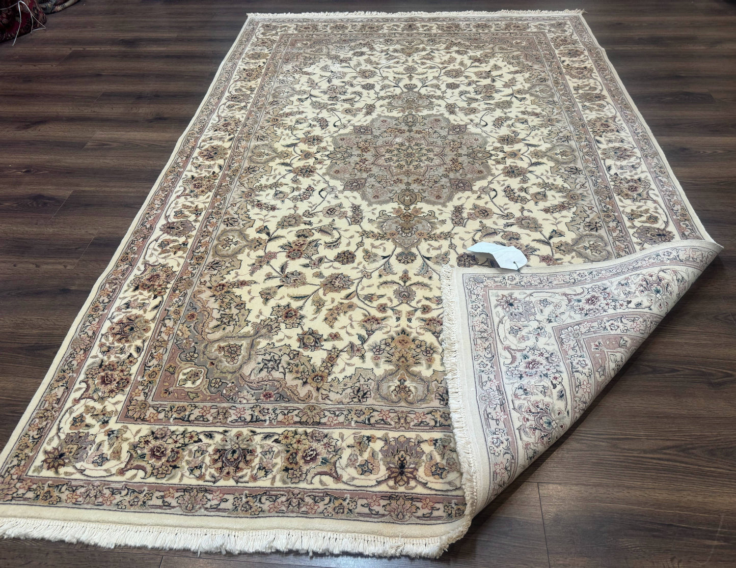 Sino Persian Rug 6x9 Floral Medallion Ivory And Taupe Wool Silk Highlights