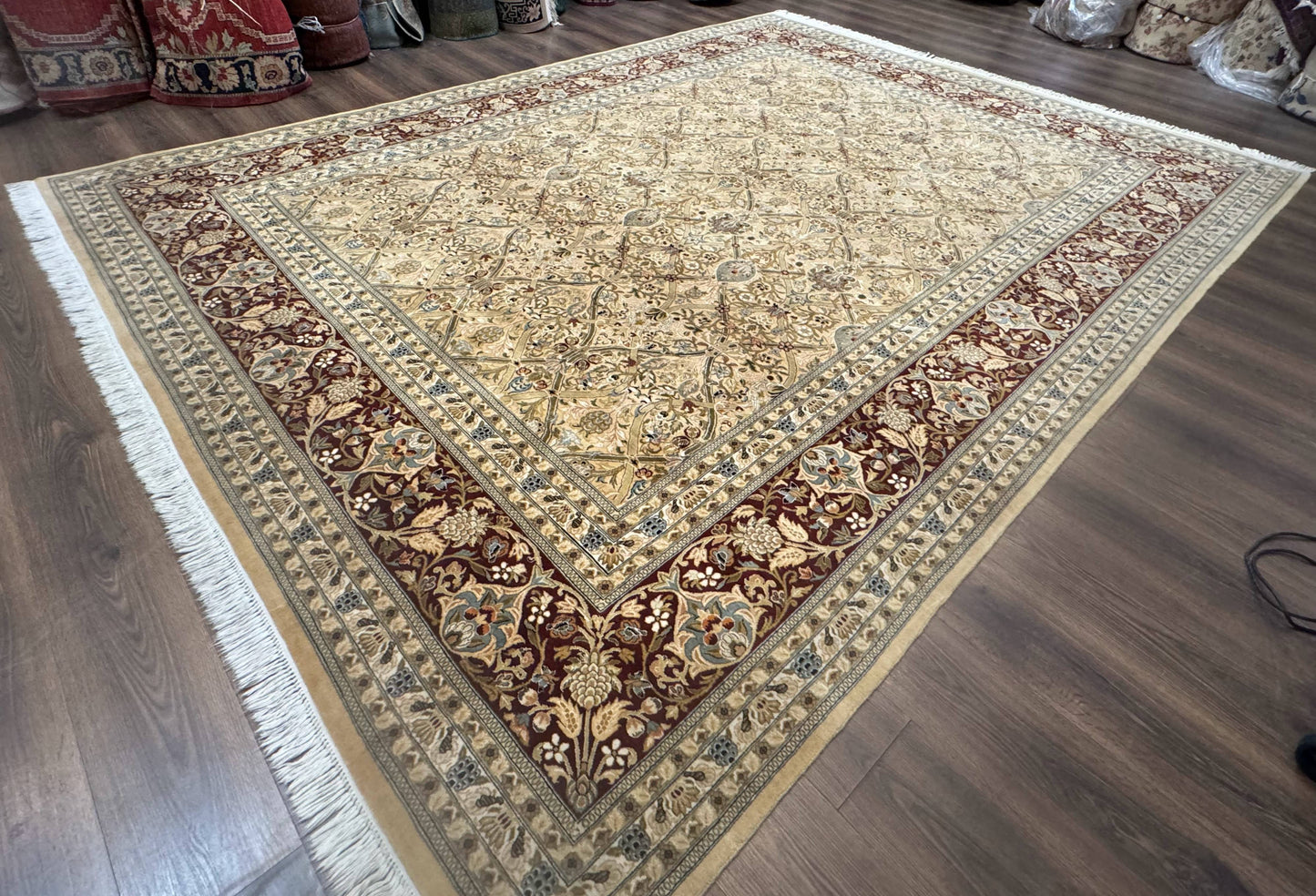 Pak Persian Rug 9x12 Handmade Wool Panel Design Gold And Wine Red