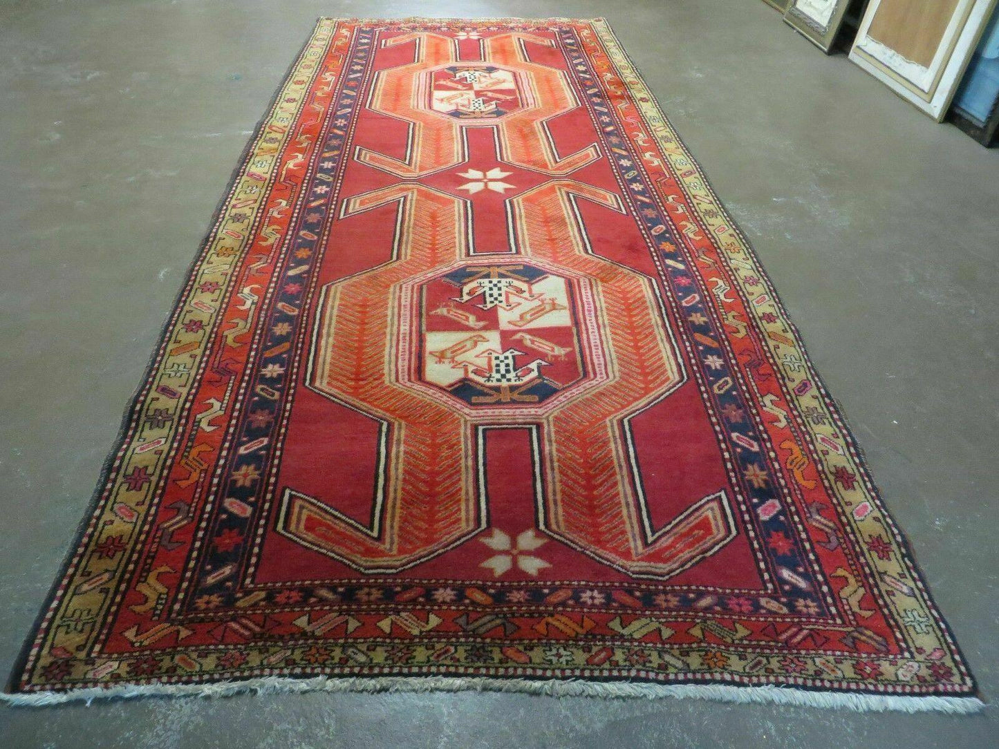 Antique Turkish Kazak Wool Rug Shield Hand Knotted 4 Ft 10 In By 11 Ft