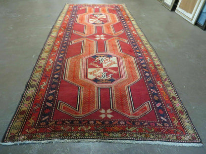 Antique Turkish Kazak Wool Rug Shield Hand Knotted 4 Ft 10 In By 11 Ft