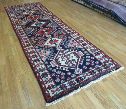 Persian Runner Rug 3.5 x 10.7, Karajeh Heriz Rug, Navy Blue, Geometric Medallions