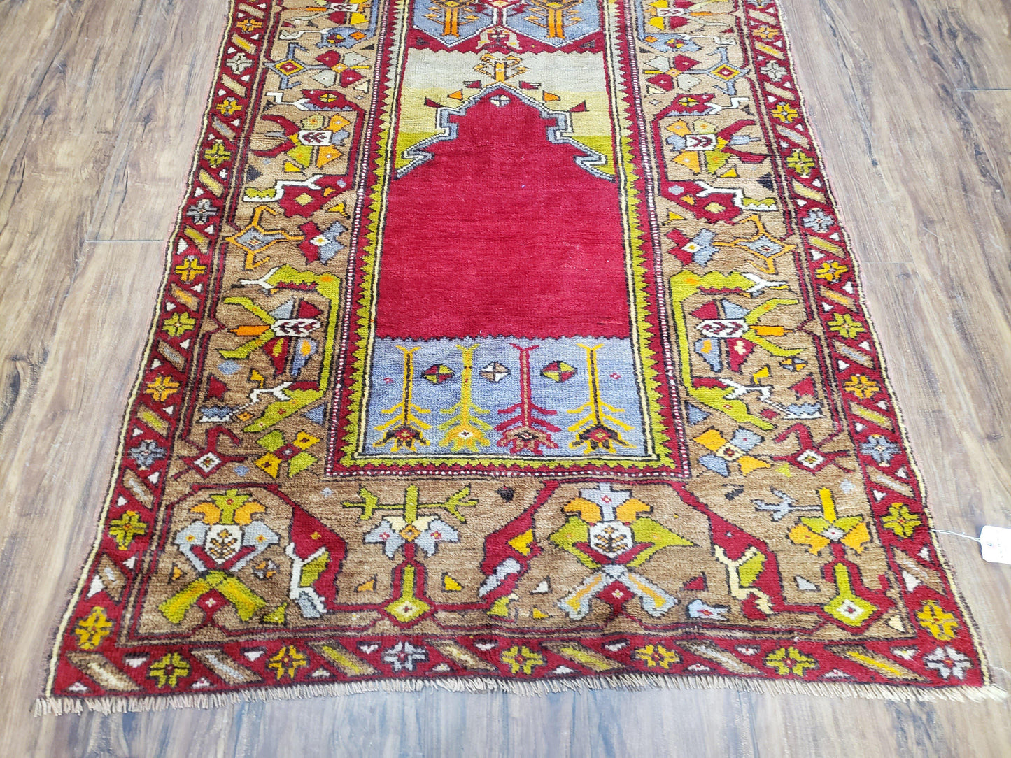 Antique Turkish Prayer Rug Handwoven Wool 3.8 By 5 Feet Colorful Red Blue Gold Anatolian Carpet