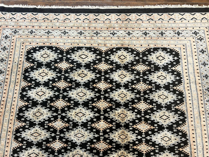 Pakistani Bokhara Rug 6x9, Hand Knotted Vintage Wool Carpet with Silk Highlights, Very Fine 320 KPSI, Medium Size
