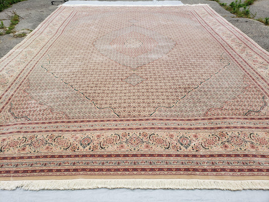 Stunning Oversized Sino Persian Oriental Rug 12x15, Hand Knotted Wool & Silk Palace Sized Carpet, Mahi Pattern, Very Fine, Peach Beige, Wow