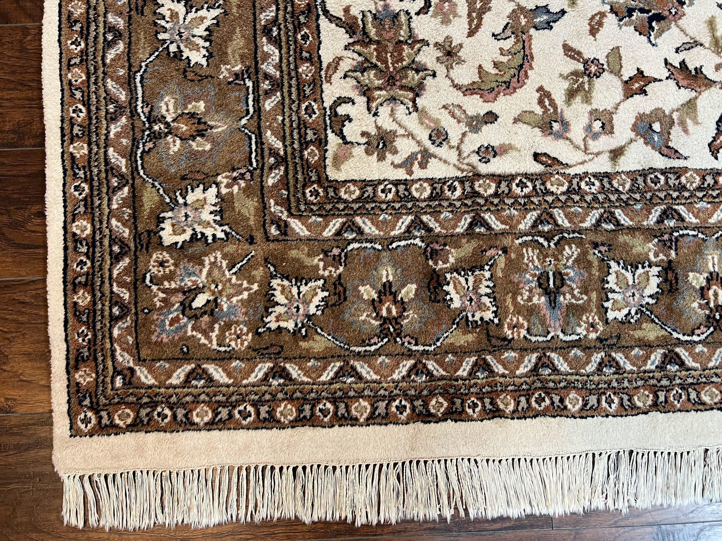 Indo Kirman Rug 8x12 Allover Floral Design, Ivory/Cream Brown, Vintage Handmade Hand Knotted Rug, Traditional Wool Persian Carpet 8 x 12