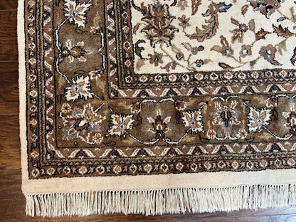 Indo Kirman Rug 8x12 Allover Floral Design, Ivory/Cream Brown, Vintage Handmade Hand Knotted Rug, Traditional Wool Persian Carpet 8 x 12