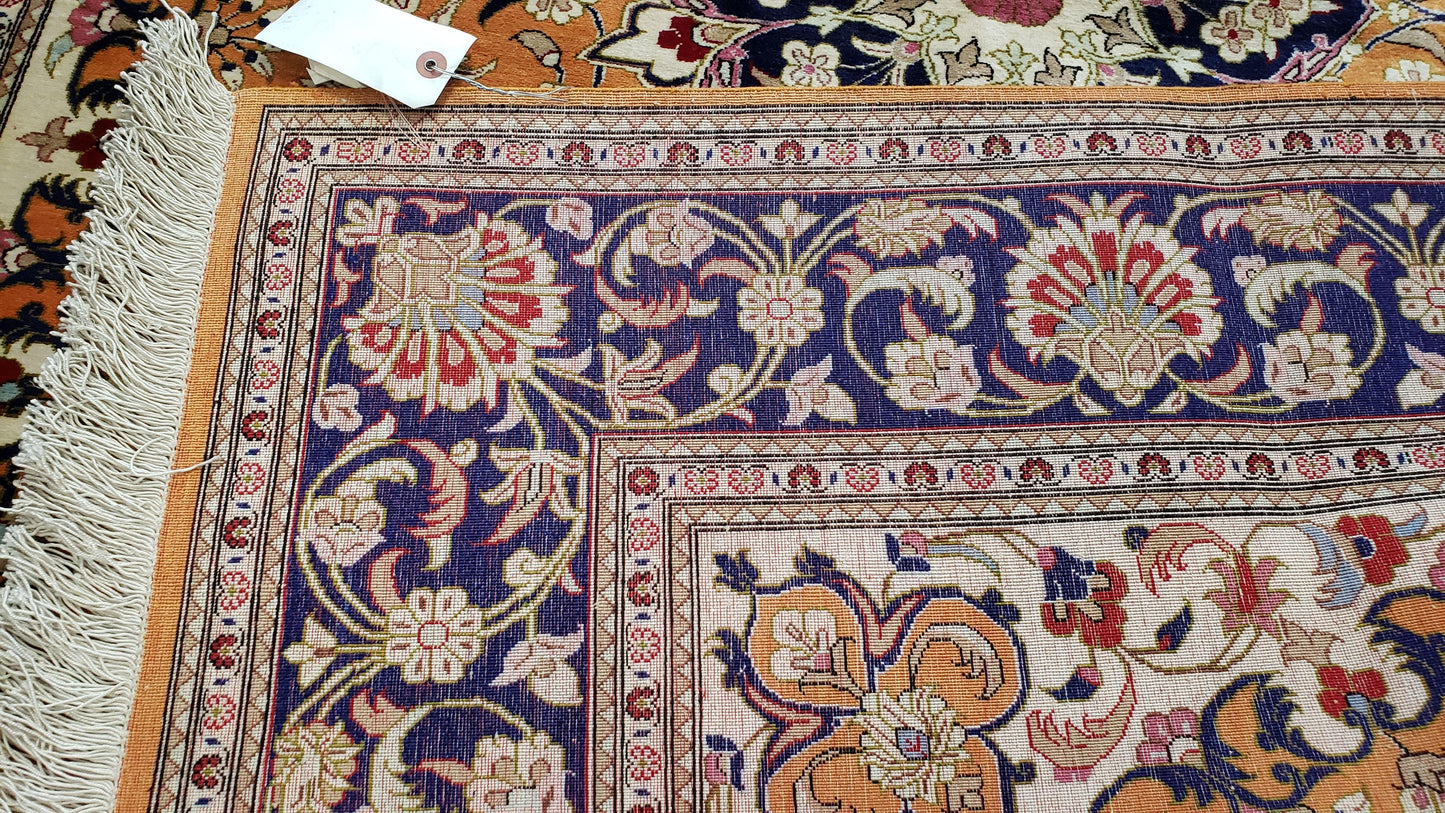 Vintage Persian Qum Silk Rug 4.6x6.7 Burnt Orange Navy Blue Antique Oriental Signature Master Weaver 350 KPSI