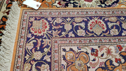 Vintage Persian Qum Silk Rug 4.6x6.7 Burnt Orange Navy Blue Antique Oriental Signature Master Weaver 350 KPSI