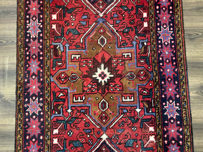 Persian Heriz Karajeh Runner Rug 3.7 x 12, Geometric Medallions, Red and Navy Blue