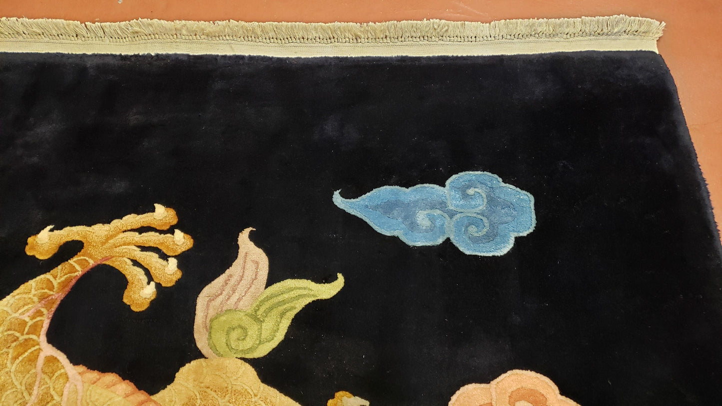 Antique Chinese Art Deco Rug 6x9 Hand Knotted Wool Dragon Black