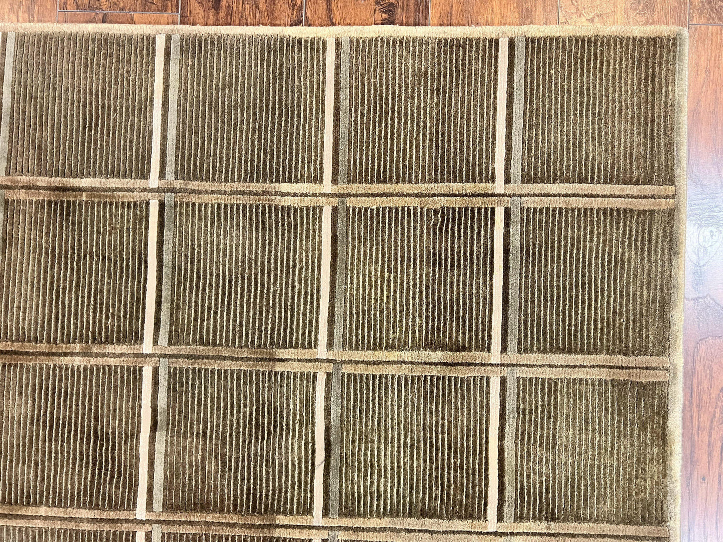 Tibetan Rug 4x6 Handmade Green Wool Area Rug With Panel Design Modern Contemporary