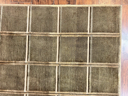 Tibetan Rug 4x6 Handmade Green Wool Area Rug With Panel Design Modern Contemporary