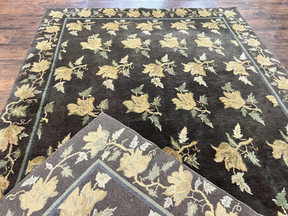 Tibetan Nepal Rug 6x9, Wool Hand Knotted Vintage Carpet 6 x 9, Dark Green & Golden Yellow, Floral Bouquets