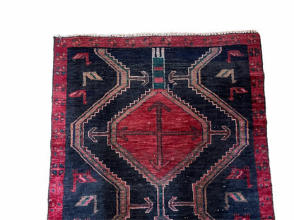 Handmade Wool Tribal Runner Rug 3X7 Geometric Boho Red Blue Organic Dyes