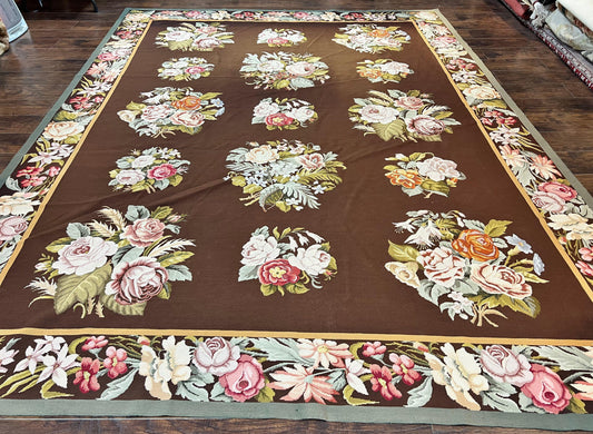 Vintage Needlepoint Rug 9x12 Handmade Wool Carpet With Floral Bouquets European Design