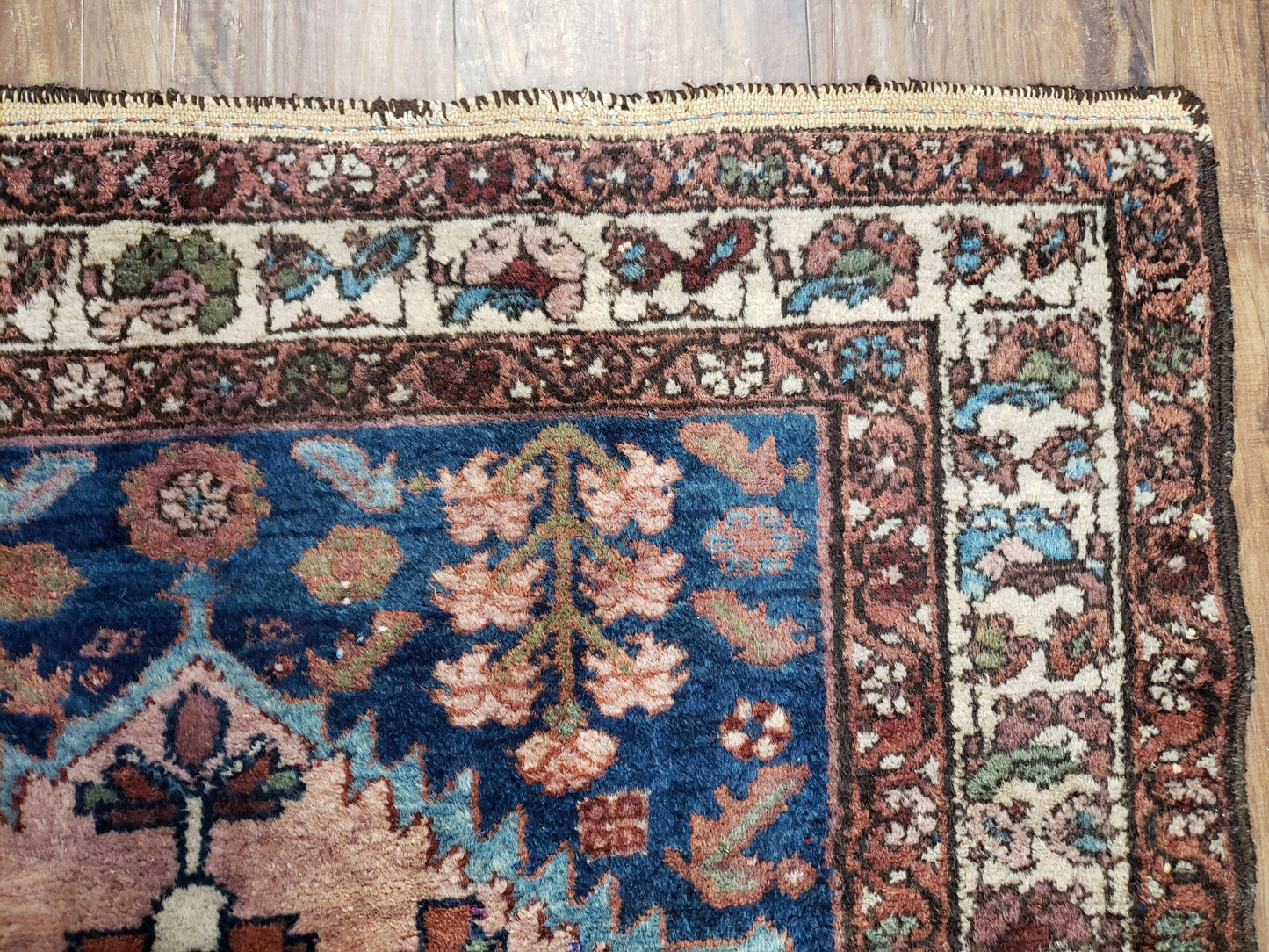 Blue Vintage Persian Hamadan Rug Hand Knotted Wool 4x6 Ft 1950s