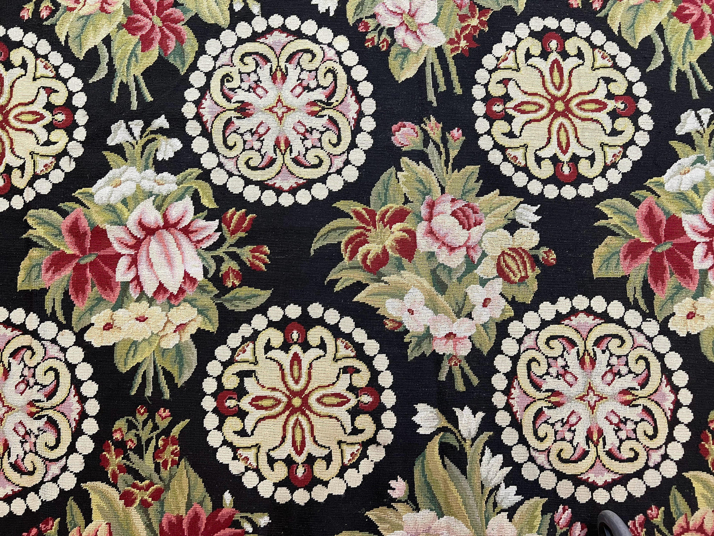 Black Wool Needlepoint Rug 9x12 Handwoven European Floral Panel Design Vintage Chinese