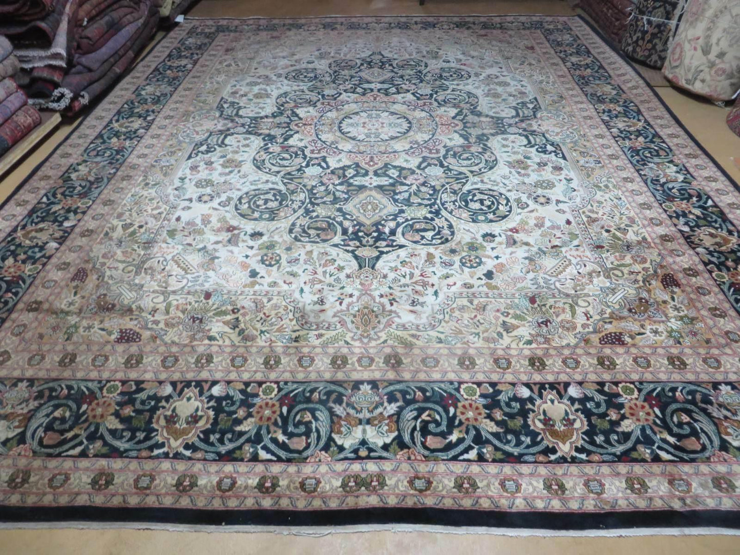 Beautiful Sino Persian Rug 9x12, Elegant High Quality Handmade Wool Oriental Carpet, Medallion with Corner Design, Floral, Black and Ivory
