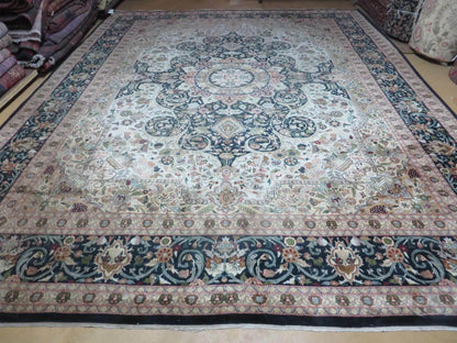Beautiful Sino Persian Rug 9x12, Elegant High Quality Handmade Wool Oriental Carpet, Medallion with Corner Design, Floral, Black and Ivory
