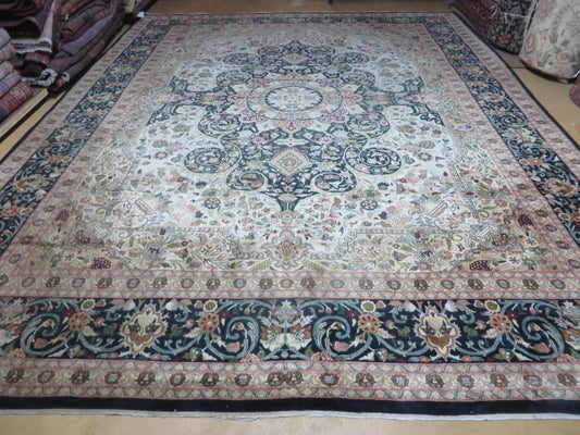 Beautiful Sino Persian Rug 9x12, Elegant High Quality Handmade Wool Oriental Carpet, Medallion with Corner Design, Floral, Black and Ivory